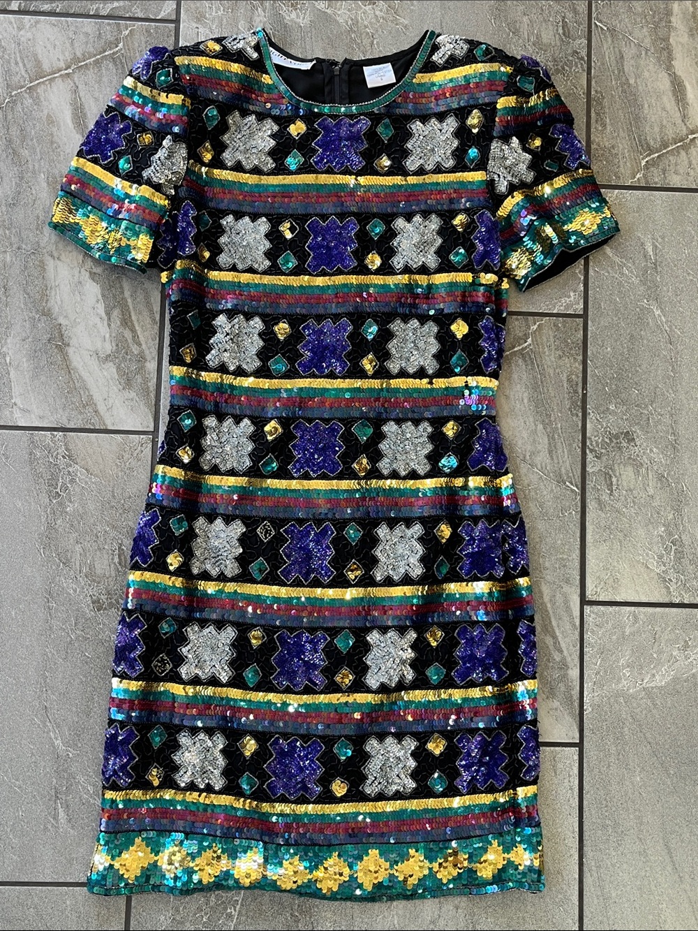 💛 Vintage Night Vogue Silk Hand Beaded Sequined Dress Size Small Party